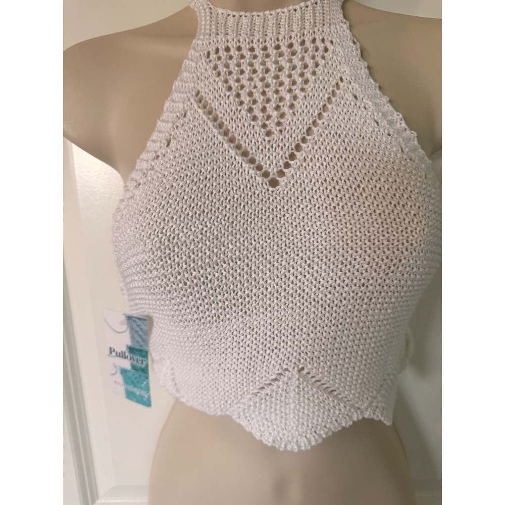 NWT Italian Made White Crochet Knit Halter Top Open Knit Boho Festival Crop OS